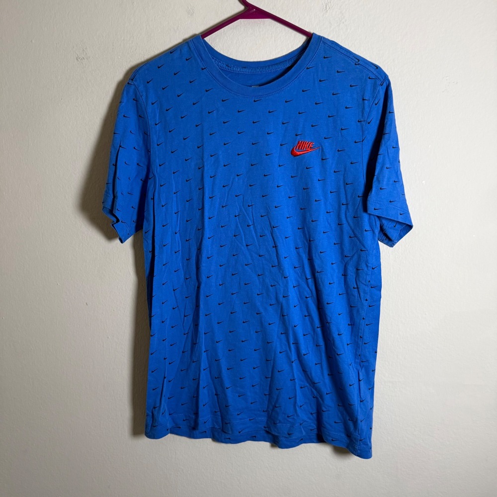 Nike Mens All Over Micro Swoosh Print T-Shirt Blue Red Embroidered Logo Large